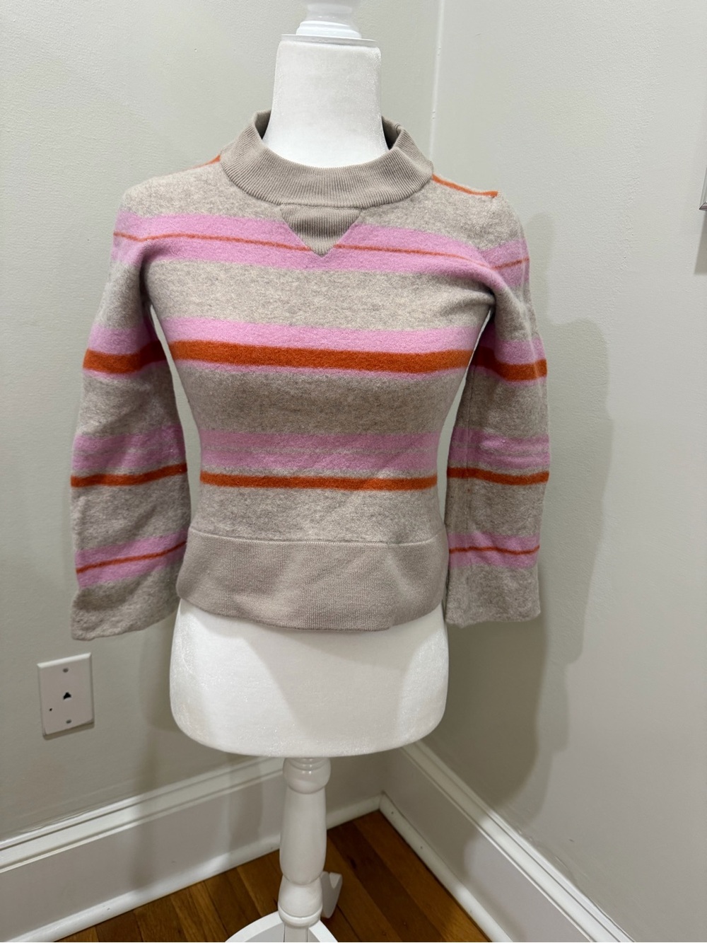 Maeve Beige Mock Neck Sweater with Pink & Orange Stripes